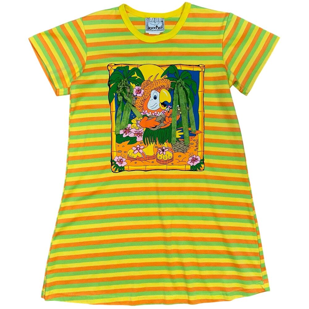 Vintage Y2K Zoodles Girls Striped Island Hula Parrot T-Shirt Dress Size 7-8